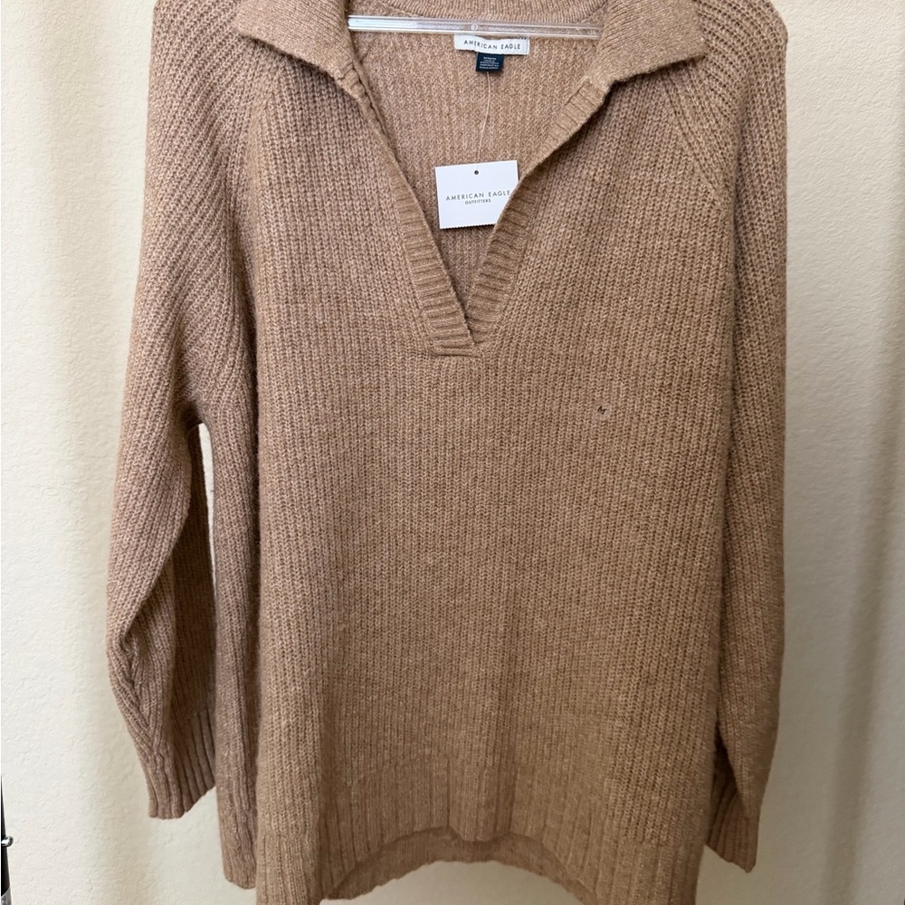American Eagle Oversized Knit Collared Sweater Tan